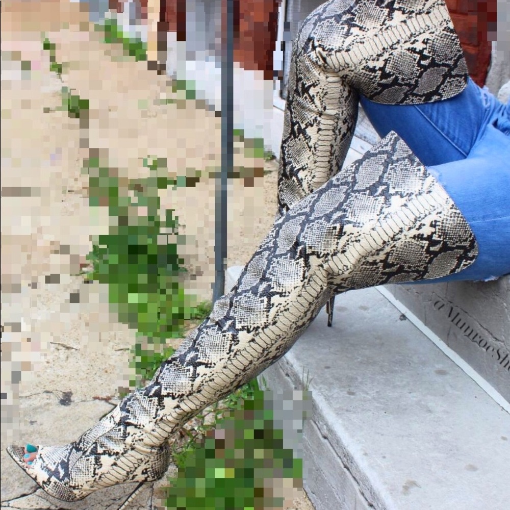 Nude Snakeskin Print Thigh High Boots